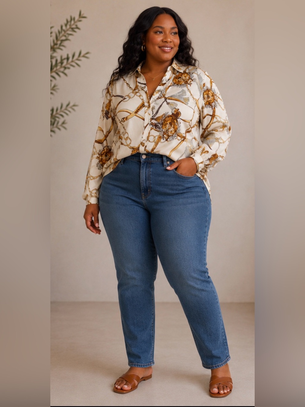 SHEIN Cream Button-Up Shirt with Gold & Brown Chain Print